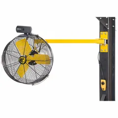 This wall-mount fan features a 36 1/2 in blade diameter and a 2/3 hp motor operating on 120V AC. It offers variable speed control and is non-oscillating, mounted via bracket to a wall. Suitable for general industrial air circulation in warehouses, factories, and workshops.