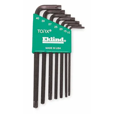 EKLIND Torx Key Set: Long, 7 Pieces, T10/T15/T20/T25/T27/T30/T40 Tip Size, Std End - L-Shaped Torx & Torx Plus Key Sets