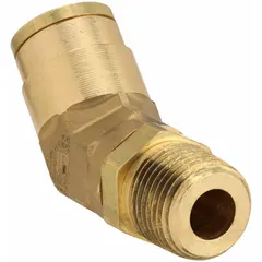Brass push-to-connect elbow adapter for connecting 5/8 in OD tubing to a 1/2 in male NPT port. Used in air brake systems and pneumatic circuits for leak-free joints without tools.