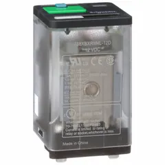 Plug-in relay from the 788R Series with a square base and 8 flat pins. Features DPDT contacts, a 12V DC coil, and a 10 A operating current at 28V DC-1 (1 NO resistive load per IEC). Blade terminal electrical connection. Used for switching loads in control panels, automation systems, and machinery.