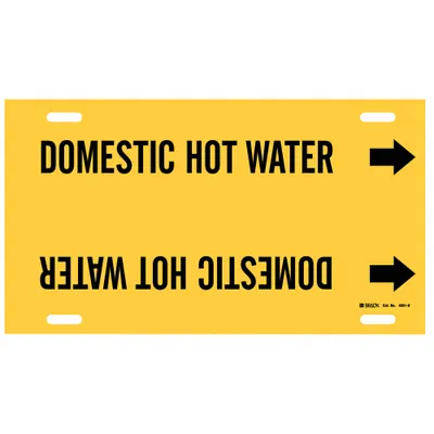BRADY Pipe Marker: Domestic Hot Water, Yellow, Black, Fits 8 to 9 7/8 in Pipe O.D. - Domestic Hot Water Strap-On Pipe Markers