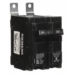The SIEMENS B230 is a 30 A, 2-pole miniature circuit breaker from the BL Series, rated for 120/240V AC single-phase systems. It features a bolt-on connection for use with Siemens P1 Panelboards and provides overcurrent protection with a maximum AIR rating of 10kA at 120/240V AC. Suitable for branch-circuit protection in commercial and industrial electrical distribution.