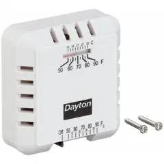 Square analog thermostat for heat-only applications. Operates on 24V AC with slide switch control. Temperature range 50° to 90°F with 2 to 3°F differential. System setting on-off, fan setting auto-on. Terminal designation W. Mounts horizontally.