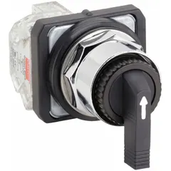 This 30 mm panel-mounting selector switch features a long-handled knob and metallic bezel. It offers three positions with On-Off-On switching and momentary/maintained/momentary action. Rated 10 A at 600 V AC and 0.1 A at 600 V DC, it is suitable for industrial control applications such as motor control or process equipment.