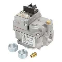 Intermittent pilot gas valve with dual-stage and fast-opening operation. Rated at 300,000 BtuH and 24V AC. Used in commercial and industrial heating systems for gas flow control in burners, furnaces, and boilers requiring precise ignition and modulation.