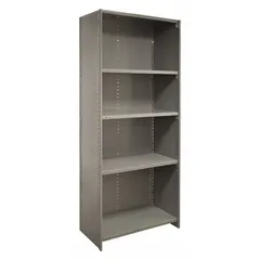 Steel end panel for standard metal shelving units, 24 ga powder-coated gray. Measures 85 in x 36 in. Includes assembly hardware. Provides structural support and finished appearance for industrial storage systems.