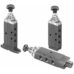This Parker Directair 2 Series manual air control valve is a three-way, two-position spool valve with a button actuator and spring return, normally closed operation. It features an aluminum body and 1/8 in female NPT ports. Typical applications include controlling pneumatic actuator direction or cylinder exhaust in industrial automation and material handling systems.