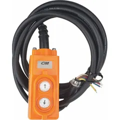 Pendant control station for CM Shopstar electric chain hoists. Provides Up/Down functions for load control. Includes 11.5 ft pendant cord. Compatible with hoist model 2101.