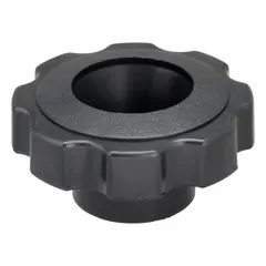 This plastic Snap-Lock 8-Arm Knob features an 8-point design with a 2.38 in diameter and a 3/8" thread with 18 mm thread length. It provides a secure grip for hand tightening on machinery, clamps, valves, and fixtures in industrial settings.