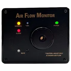 This airflow monitor is designed for use with laboratory fume hoods to indicate proper ventilation. It includes a flow sensor and is constructed of ABS plastic. The unit operates on 120/240V AC power and measures 4 1/2 inches in overall width.