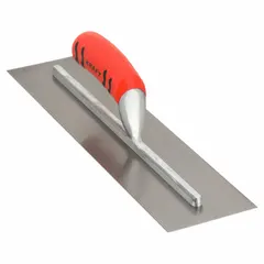 Square-end finishing trowel with a carbon steel blade, 4 in width. Designed for smoothing and finishing concrete surfaces, particularly in corners and edges where a square blade shape provides clean results.