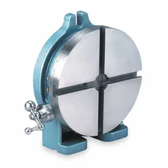 This rotary table is designed for horizontal and vertical mounting to position workpieces at precise angles during milling, drilling, and indexing operations. It features a 10-inch diameter and 5/8-inch T-slot width, suitable for use in toolrooms and manufacturing facilities.