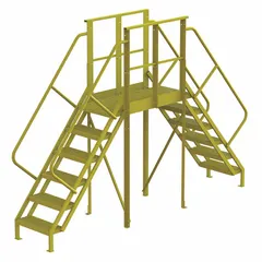 Steel crossover bridge with a 5 ft platform height and 6 perforated steps. Finished in yellow with a 1,000 lb load capacity. Provides elevated walkway access for crossing over obstacles such as conveyors or piping in industrial settings.