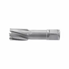Carbide-tipped annular cutter with 49/64 in cutter diameter and 2 in maximum cutting depth. Bright finish, Weldon Flat shank, fractional inch sizing. Suitable for cutting precise holes in tough materials such as stainless steel and high-strength alloys.