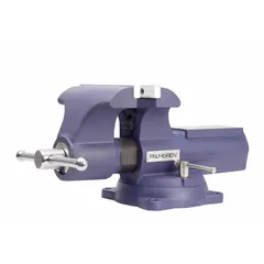 This combination bench and pipe vise is constructed with an enclosed steel design. It features an 8-1/2 in jaw face width and a 4 in throat depth, suitable for clamping and holding workpieces in machining, welding, and assembly tasks.