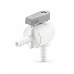This Parker manual two-way ball valve features a 1/4-inch polypropylene angle body with barb x barb connections and a one-piece lever handle. It is used to start, stop, or redirect flow in low-pressure water, chemical, or air lines where corrosion resistance and compact installation are required.