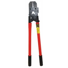 This scissors-style hand tool is designed for crimping copper oval sleeves onto wire rope or cable. It accommodates sleeve sizes 1/16 in, 3/32 in, 1/8 in, 5/32 in, and 3/16 in. A built-in test gauge allows verification of crimp depth. Typical applications include rigging, fencing, and industrial cable assemblies.