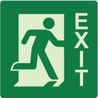 Square exit sign made of plastic with photoluminescent properties, allowing it to glow in the dark after absorbing ambient light. Adhesive mounting style for easy installation on walls or doors. Printed on one side with exit right directional indicator. Suitable for marking egress paths in low-light conditions