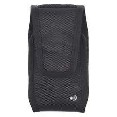 This universal clip case holds cell phones in a vertical orientation. Made of weather-resistant black plastic, it includes a holster for secure carry. Suitable for outdoor and industrial environments where protection from moisture is needed.