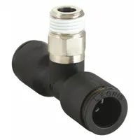 This tee fitting connects three tubes in a T-configuration for branching flow. Constructed with a nylon body and nickel-plated brass threads, it is suitable for pneumatic and fluid systems. The push-fit design allows quick installation without tools. Pack of 10