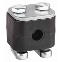 Steel clamp with polypropylene cushion for securing single hydraulic or pneumatic lines. Ribbed bore design provides grip and dampens vibration, reducing noise and wear. Suitable for industrial machinery, mobile equipment, and plant piping systems.