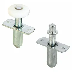 This pivot wheel is a hanging door guide for sliding or bypass door systems. It has a width of 3 3/4 inches and supports doors up to 40 lb. The wheel measures 1 13/16 inches in length.