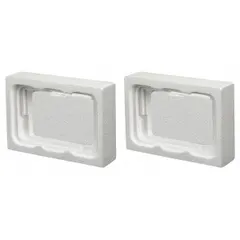 White foam insert designed to secure a paint can inside a case or container. Measures 5 11/16 in x 8 3/16 in x 1 in. Used in packaging and transport to cushion and prevent movement.