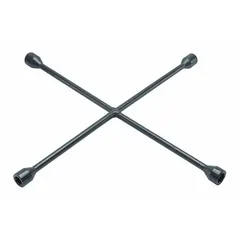 This 4-way cross lug wrench features four 6-point wrench heads in sizes 17 mm, 3/4 in, 13/16 in, and 7/8 in, designed for standard lug nuts on RVs. The electrostatic paint finish provides corrosion resistance. It does not include a leverage bar hole.