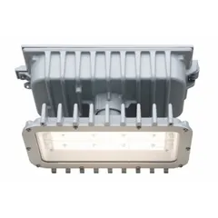 LED light tank for hazardous locations, delivering 8,000 lumens at 53 W with a 5000K color temperature. Operates on 120/277V AC, rated IP66 with T6 temperature code. Features stanchion mounting and a length of 15 3/4 in. Suitable for low bay applications in environments where combustible dust or gases may be present.