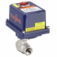 This electrically-actuated two-way ball valve is constructed of stainless steel with 3/4 inch FNPT x FNPT connections. It features an ISO 5211 actuator mounting pad and a position indicator on the actuator. Suitable for automated flow control in industrial piping systems where corrosion resistance is required.