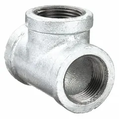 This malleable iron pipe tee connects three pipes at a branch junction in medium-pressure threaded piping systems. It is used in industrial plumbing, compressed air lines, and low-pressure steam applications. The tee has a run x run x branch configuration with 1/8 inch female threads on all three ports.
