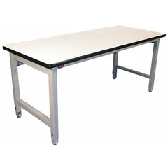 Laminate work surface, 60 in x 36 in, gray. Open-base design for under-bench storage or equipment access. Overall load capacity 5,000 lb. Suitable for assembly, maintenance, and testing in industrial plants, machine shops, and warehouses.