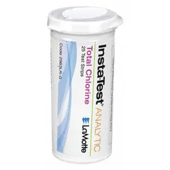 Single-parameter test strips for measuring total chlorine in water within a range of 0 to 10 ppm. Each pack contains 25 strips, each 3 inches long. Suitable for on-site water quality testing in applications such as pool maintenance, drinking water monitoring, and industrial process water control.