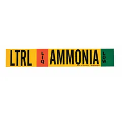 Ammonia adhesive pipe marker for LIQ phase, low pressure level, fitting pipes 8 inches and larger outside diameter. Supplied without arrows. Used for identification of liquid ammonia piping in industrial refrigeration systems.