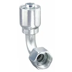 Steel 90° elbow crimp hose fitting with JIC female x crimp connection. Designed for -4 hose dash size, 7/16"-20 thread. Used in hydraulic systems for permanent hose assemblies in fluid power applications.