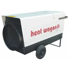 This portable electric salamander heater delivers 16kW/32kW/40kW watt output at 440/480V AC, 3-phase, hardwired. It includes wheels and a handle for mobility, measures 25 in x 20 in x 46 in, and features automatic reset thermal overheat protection. Suitable for temporary or supplemental heating in large spaces such as construction sites, warehouses, and garages.