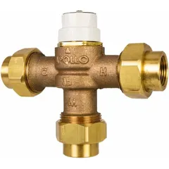 Point-of-source mixing valve with 3/4 in push x push connections, rated for 210°F. Used in plumbing and hydronic systems to blend hot and cold water for consistent temperature control in commercial and industrial water loops.