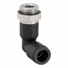This LEGRIS tube fitting is a nylon and nickel-plated brass elbow with a 3/8 mm BSPP male thread and a 10 mm OD push-to-connect port. It is used in pneumatic systems to connect tubing to threaded ports, providing a compact 90° turn for routing in confined spaces.