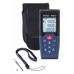 This laser distance meter measures from 1 7/8 inches to 328 feet with an accuracy of ±0.0018 inches per foot. It features subtraction mode and displays measurements in inches. Powered by AAA batteries and includes a strap. Suitable for indoor and outdoor distance measurement tasks.
