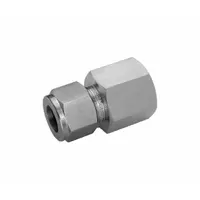This double-ferrule stainless steel fitting connects 16 mm OD tubing to a 1/2 in female NPT port at a 90-degree angle. It is used in high-pressure fluid or gas systems requiring leak-tight, vibration-resistant connections. Compatible with Swagelok fitting brands