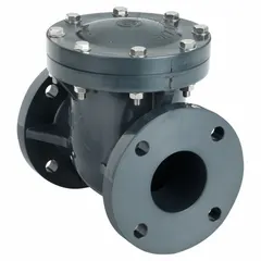 This ASAHI swing check valve features a PVC inline valve body with flange x flange connections for 1 1/2 inch pipe size. It is designed to prevent backflow in piping systems, commonly used in water treatment, chemical processing, and HVAC applications.