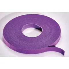 This hook-and-loop cable tie roll is cut to length for custom bundling of wires, cables, and hoses. Made of nylon with a 50 lb tensile strength, it provides secure fastening in electrical and industrial cable management applications. The violet color aids in color-coding. Roll length is 15 ft, width 0.5 in.