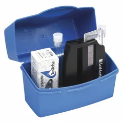 This test kit measures chlorine levels in water using tablet reagents for on-site testing without electronic instruments. It has a range of 0.2 to 3.0 ppm with a sensitivity of 0.2 ppm and includes 50 #1 Chlorine Tablets for 50 tests. Suitable for monitoring chlorine in drinking water, wastewater, or industrial process water.
