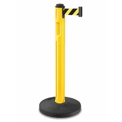 This retractable belt post barrier features a yellow plastic post with a rubber base and a 12 ft black/yellow diagonal stripe belt with no legend. It is used to cordon off areas, guide pedestrian traffic, or mark hazards in industrial and public settings.