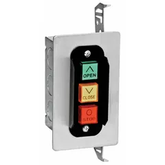 Flush-mount, single-gang push button control station for indoor gate operators. Features momentary contacts with Open-Close-Stop functionality. Suitable for controlling garage doors and gates in indoor material handling and dock loading environments.