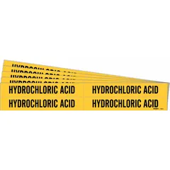 Yellow adhesive pipe marker with black legend reading 'Hydrochloric Acid' for identifying pipes carrying this chemical. Fits pipe outer diameters from 3/4 to 2-3/8 inches. Each pack contains 4 markers without arrows; sold in a 5-pack quantity. Used in industrial facilities to label piping systems for safety and compliance.
