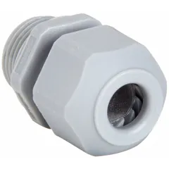 Straight nylon cable grip with PG9 male box connection, rated IP66 for dust and water jet resistance. Accepts cord diameters from 0.18 in to 0.31 in. Gray nylon body, overall length 1 1/4 in. Used to seal and protect cable entry points into enclosures, panels, or junction boxes.