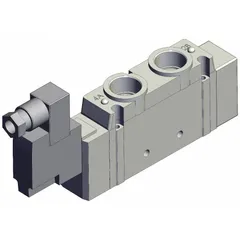 Single solenoid, five-way/two-position directional control valve with 5 ports and 3/8 in connections. Operates on 24V DC with internal pilot and DIN solenoid connector. Used to direct compressed air in automated machinery and industrial pneumatic systems.