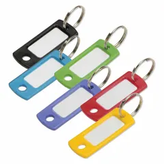 Set of 50 unlabeled plastic key tags in a rectangular shape and multiple colors. Each tag has a 7/8 in overall height and includes inserts for custom labeling. Suitable for organizing and identifying keys in commercial or residential settings.