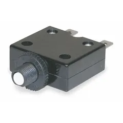 This push button style miniature circuit breaker is rated 10 A with AC voltage ratings of 125/250V AC and DC voltage rating of 32V DC. It features a 3/8 in collar mounting type, 1/4 in tab terminal connection, and a depth of 2.31 in. Suitable for front panel mounting in control panels and power distribution equipment requiring overcurrent protection.